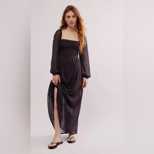 Free People Malina Eyelet Maxi Dress Long Sleeve Square Neck Size M